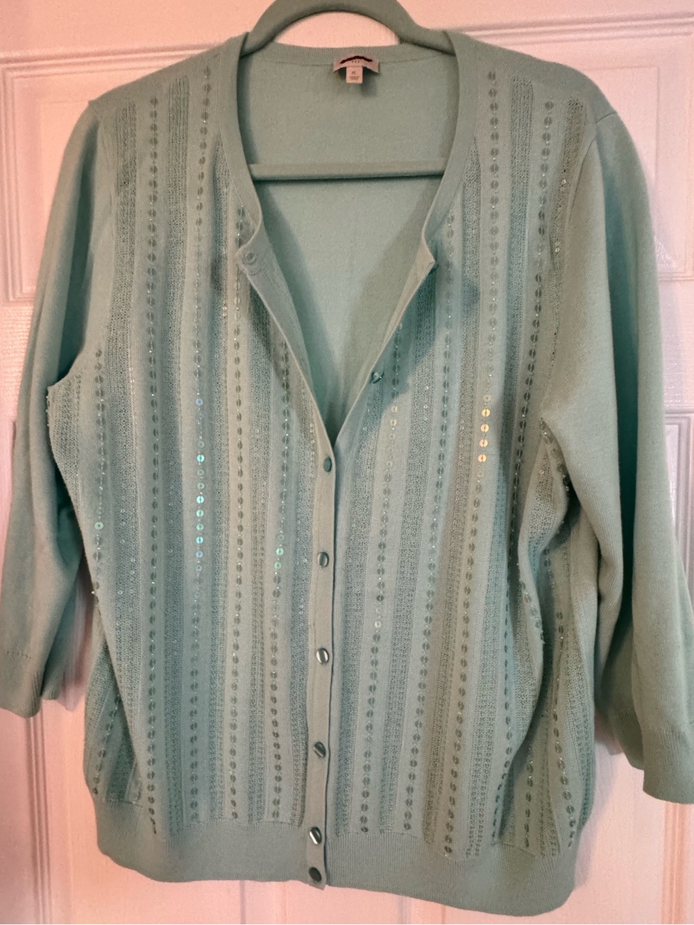 Ladies Mint Green/Pale Aqua Sequin Embellished Knit Cardigan Sweater XL Button-U